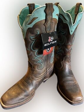 Justin Boots Brown Leather Cowboy Boots with Turquoise Top Trim